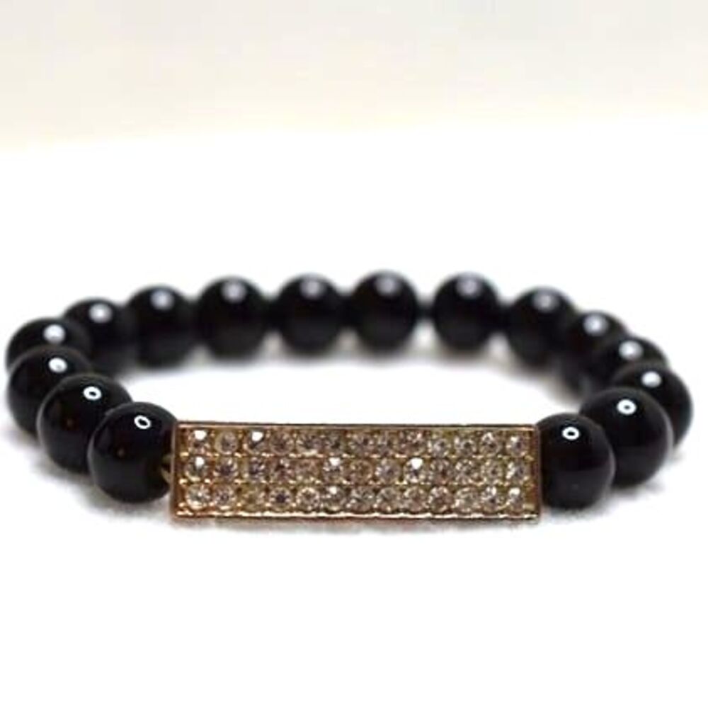 Cookie Lee Black Beaded Gold Tone Rhinestone Bar Stretch 5" Bracelet